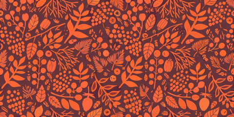 A vibrant repeating pattern of orange botanical illustrations on maroon © Sukla