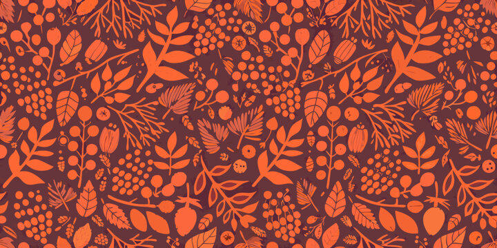 A vibrant repeating pattern of orange botanical illustrations on maroon