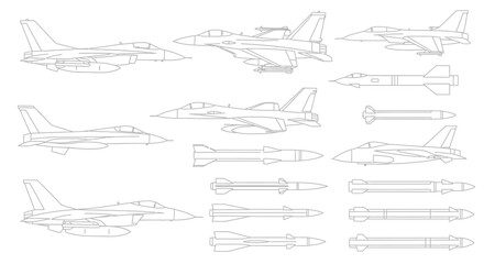 Line drawings of fighter jets and missiles in various configurations.