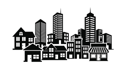 Fototapeta premium A striking black cityscape featuring various building heights and architectural styles presented as a silhouette high quality professional