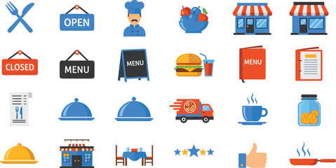 Obraz premium Restaurant and cafe service icon set with chef menu burger coffee delivery open closed sign and dining symbols.