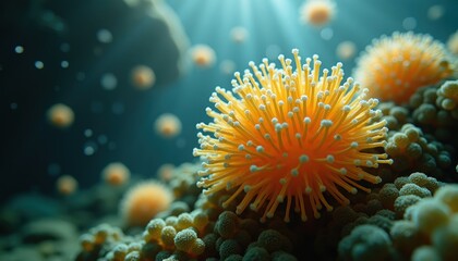 Microscopic Yellow Organisms With Tentacles Floating In Blue Water With Sunbeams Shining Down On Coral Reefs And