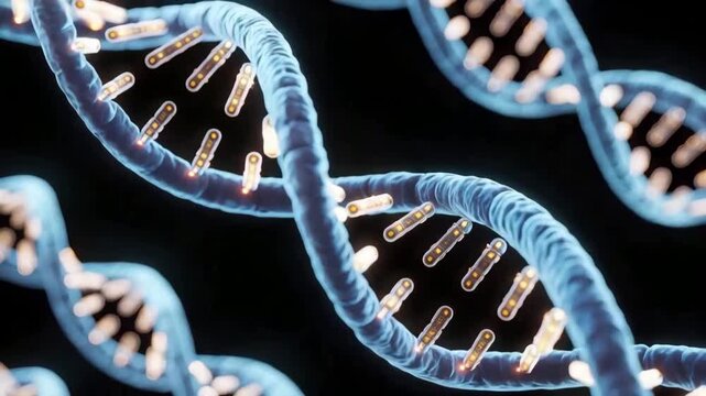 DNA helix structure with glowing nucleotides in 3D animation
