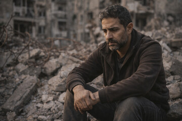 Obraz premium Sad man sitting among destroyed buildings in Middle East conflict zone, reflecting on loss, devastation and humanitarian crisis caused by war.