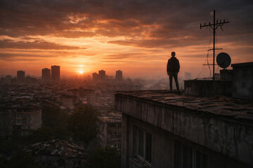 Obraz premium Silhouette of man standing on rooftop overlooking Middle Eastern city at sunset during conflict, symbolizing uncertainty and resilience in wartime.