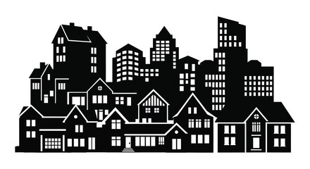 A striking black cityscape featuring varied building heights and architectural styles presented as a silhouette high quality professional © AL-AMIN