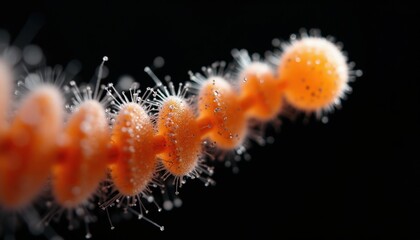 Abstract Macro View of Orange Spiral Object with Delicate White Hairs and Tiny Bubbles Against Black Background Soft