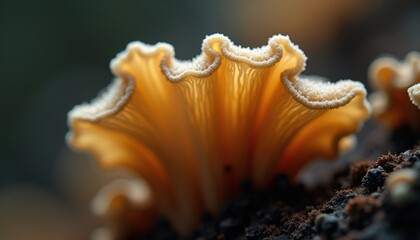 Close up of delicate orange mushroom gills illuminated by warm light on dark earthy forest floor shallow depth of field