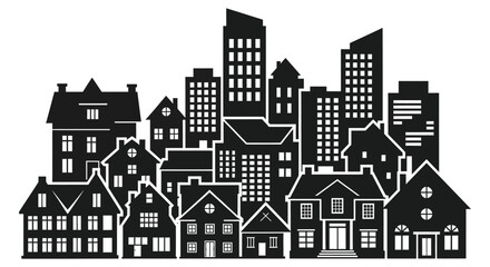 A striking black cityscape features diverse building designs creating a bold graphic silhouette high quality professional detailed modern © AL-AMIN