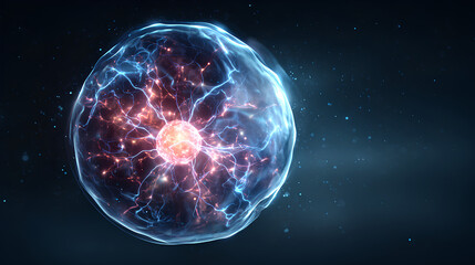 Obraz premium Abstract energetic glowing plasma ball electric multicolored charges inside neon blue magic sphere particles dark background glass shiny orb electricity cosmic energy sci fi visual Stock Illustration