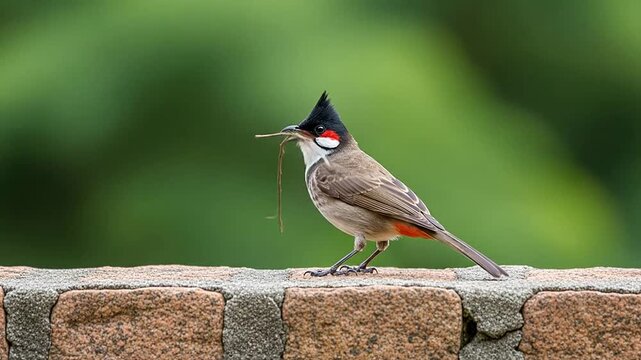 Red-whiskered bulbul perched on a brick wall, diligently holding nesting material in its beak with a soft green background, portraying natural bird behavior