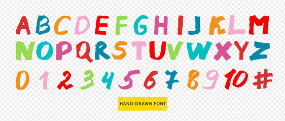 Children's alphabet: handwritten vector font with uppercase letters and numbers, made with a brush in bright colors, horizontal format. Perfect for designing children's projects and learning.
