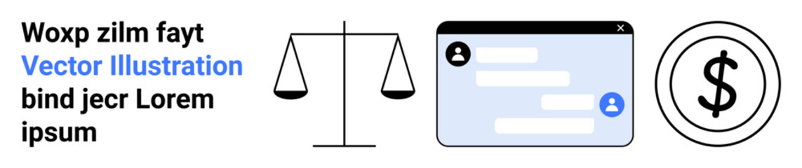 Fototapeta premium Business strategy, monetary transactions, digital interaction, legal , financial concepts, online messaging. scales of justice, chat interface and a dollar symbol. Business strategy and monetary