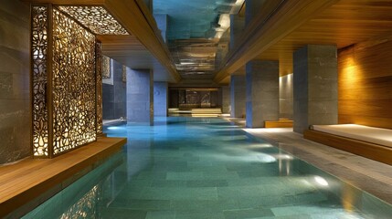 Fototapeta premium Serene Indoor Spa with Modern Design, Tranquil Water Reflection and Elegant Wood Accents in Luxurious Relaxation Space