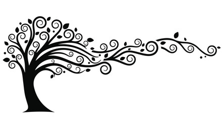 Fototapeta premium Artistic tree silhouette with swirling branches and leaves blowing in the wind
