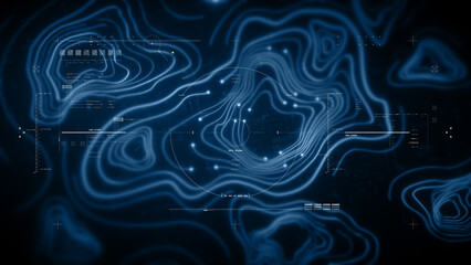Futuristic holographic topographic environment featuring dynamic geomorphological terrain visualization, integrated into an advanced motion graphic user interface with a head-up display screen