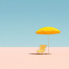 Pastel Beach Scene With Yellow Umbrella And Striped Chair
