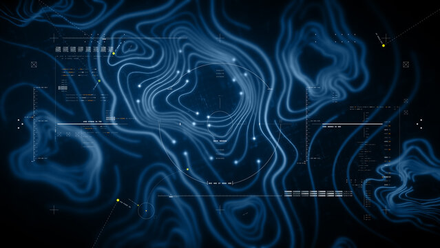 Futuristic holographic topographic environment featuring dynamic geomorphological terrain visualization, integrated into an advanced motion graphic user interface with a head-up display screen