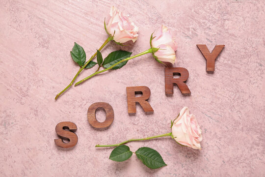 Word SORRY with roses on grunge background