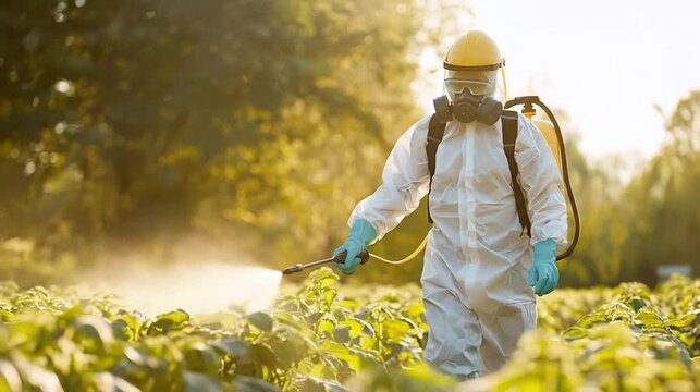 Worker in full protective suit, mask, backpack sprayer, treating crops in sunlight