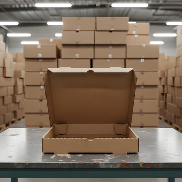 Open flat kraft cardboard box on work table inside large warehouse with stacked boxes on pallets and fluorescent lighting.