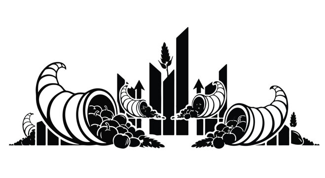 Abundant harvest cornucopias symbolize prosperity and growth against a stylized cityscape.