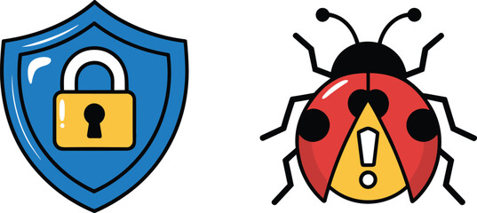 Security shield with open padlock and ladybug warning alert bug insect antivirus protection vulnerability threat detection icon set colorful vector illustration for cybersecurity design © Rejowanul Expressive