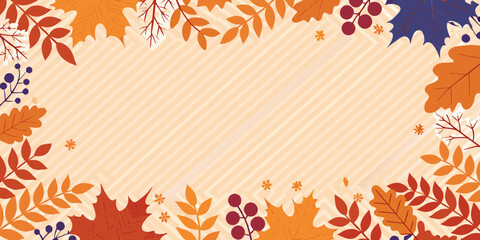 Autumn leaves and berries frame a light orange striped background © Dipu