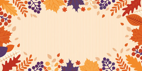 Autumn leaves and berries forming a decorative frame on a striped background © Dipu