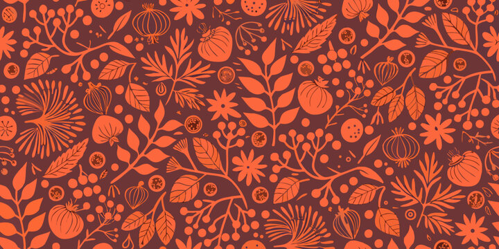 A vibrant repeating pattern of autumn fruits vegetables and foliage