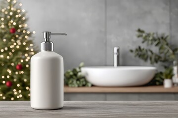 Fototapeta premium White soap dispenser on bathroom counter with christmas tree and sink in background during holiday season