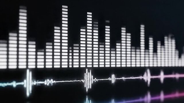 Digital o equalizer bars and waveform reflecting on a dark background