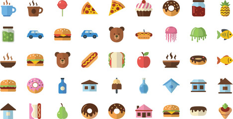 Food and Daily Life Icon Set with Coffee Burger Pizza Donut Jellyfish Fish House and Car Flat Vector Collection. © MstSuborna