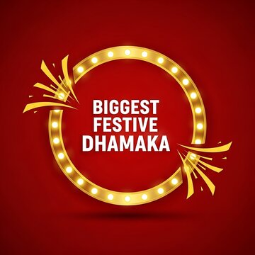 Festive dhamaka celebration with golden lights and red background