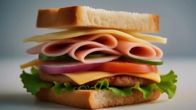 Layering a gourmet sandwich with fresh lettuce, ham, cheese, tomato, and onion on white bread. Suitable for food delivery apps, restaurant social media, or nutrition blogs.