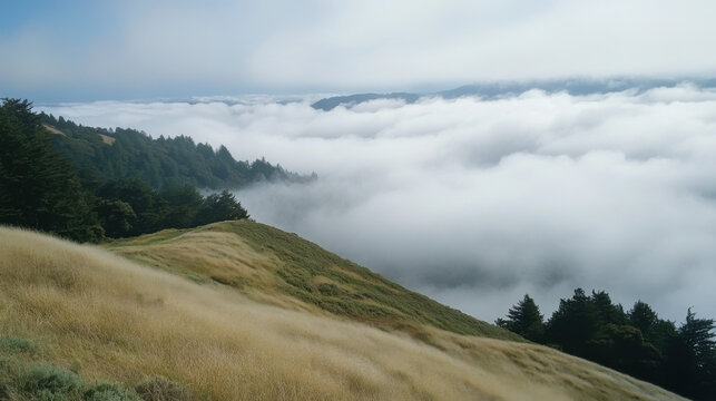 A serene landscape of rolling hills and trees above a sea of clouds on a peaceful day