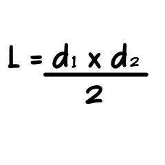 Handwritten rhombus area formula L equals d one times d two divided by two isolated background. © The Creative Idea