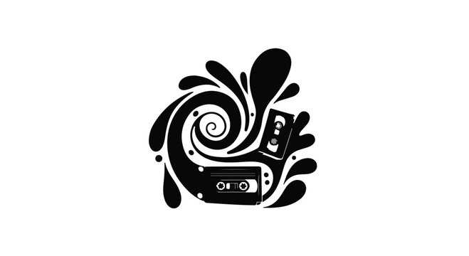 Retro audio cassette tapes swirling within a black ink splash, evoking nostalgia and music.