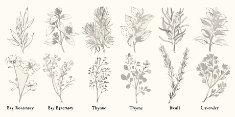 Botanical illustration displaying various herbs and their detailed foliage © Tithi