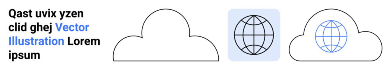 Data storage, cloud computing, global communication, internet services, digital technology, networking. Visual shows clouds and a globe symbol. Data storage and cloud computing concept