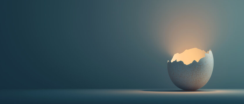 Cracked Easter egg shell with warm glowing light, dark minimal background