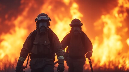 Two firefighters in protective gear and gas masks walk towards a raging wildfire, surrounded by intense flames and smoke.