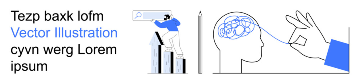 Business strategy, progress tracking, data analysis, mental health, brainstorming, problem solving. A person climbs a chart with a magnifying glass, and a hand untangles a brain. Business strategy