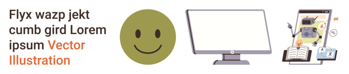 Digital learning, cybersecurity, data protection, remote work, online education, virtual interactions. A computer monitor, green happy face and educational symbols. Digital learning