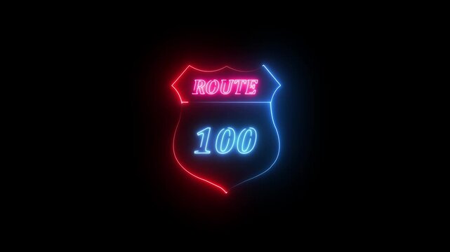 Neon Route 100 Shield Sign Illuminated Against Black neon sign road sign