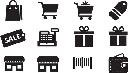 Black Silhouette Icon Set for E-commerce Business, Retail Shopping, Online Store Transactions, Gift Delivery Services, and Commercial Marketing Promotions