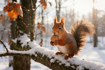 Red squirrel holding a nut on a snow-covered tree branch in a winter forest