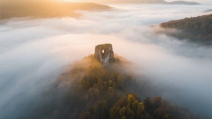 Fototapeta premium Aerial view of a stone ruin emerging from fog over a forested hill at sunrise