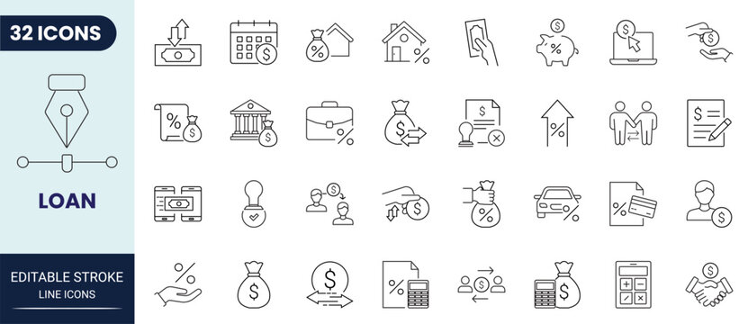 Loan icon set in outline style. Collection of loan, finance, money, banking, credit, and payment. Editable stroke. Vector icon collection.