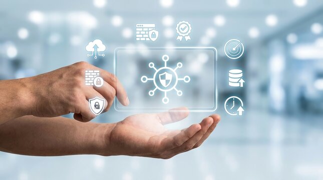 Cybersecurity, Data Protection, Network Security, Firewall, Information Technology, Digital Privacy, Cloud Security icons interacting with hands in a high-tech office environment.